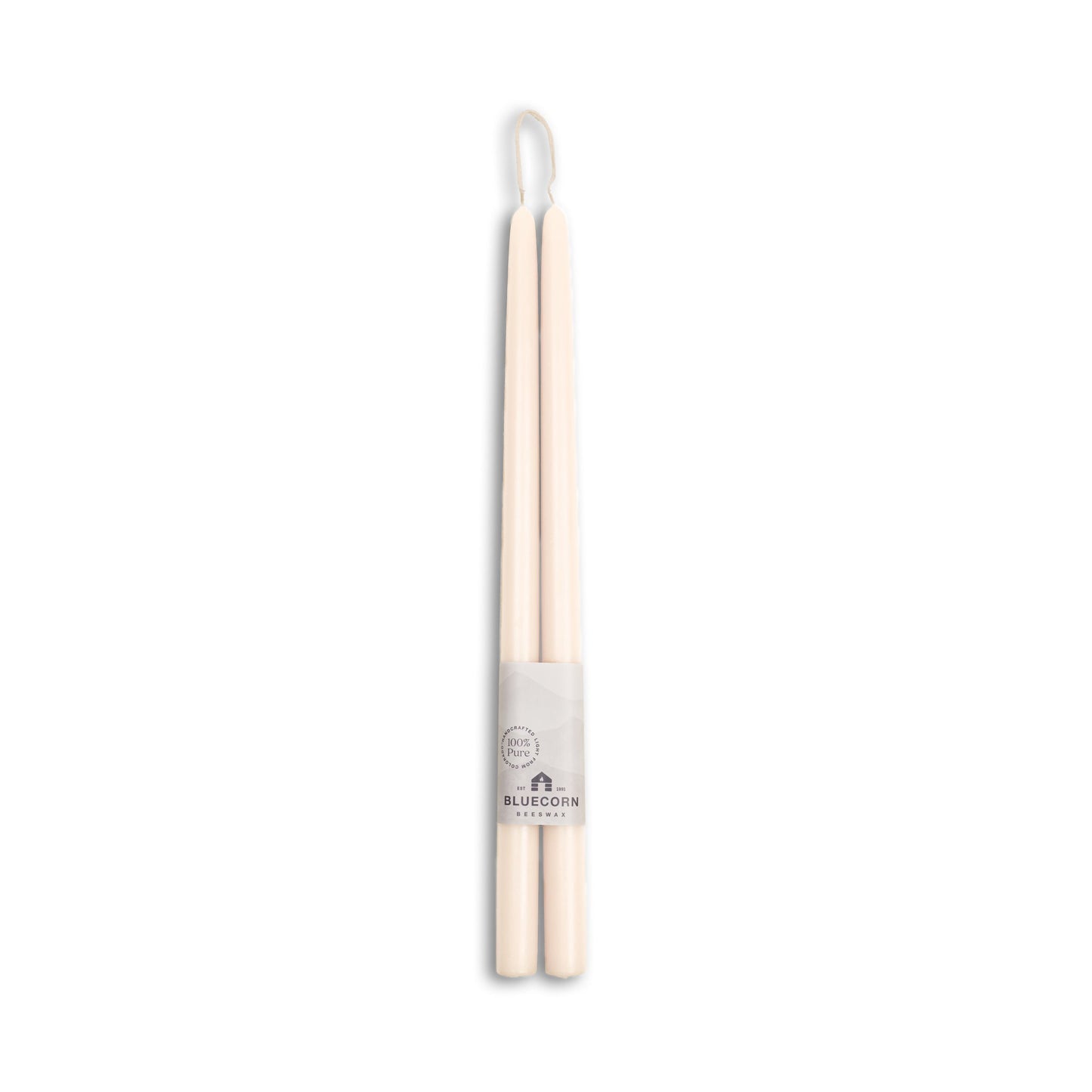 Pair of 16 inch ivory beeswax candles with a white background