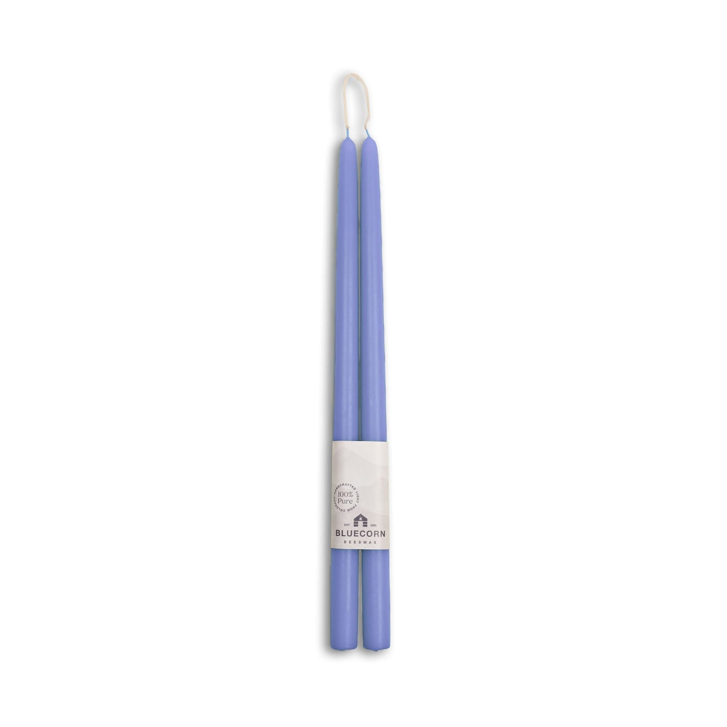 Pair of purple candles with a white label on a white background