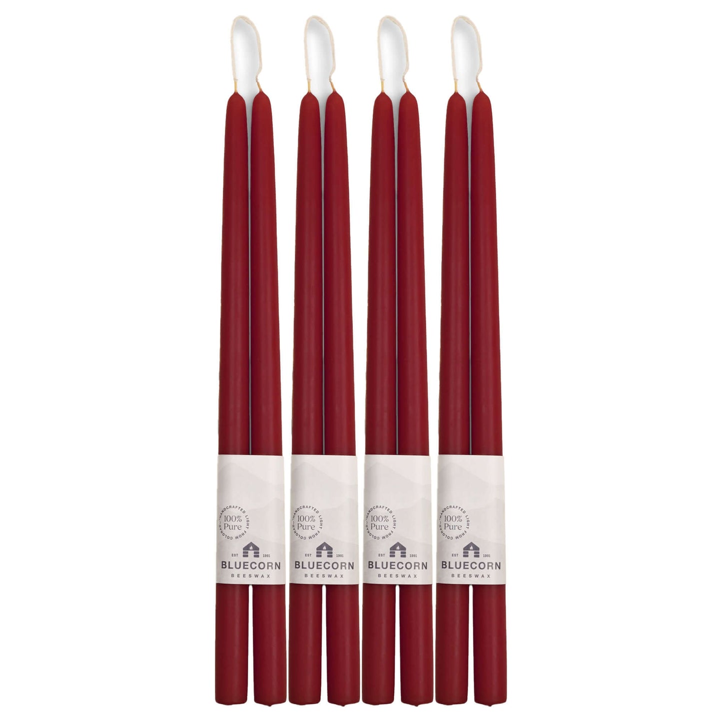 Set of 16-inch burgundy red beeswax taper candles on a white background