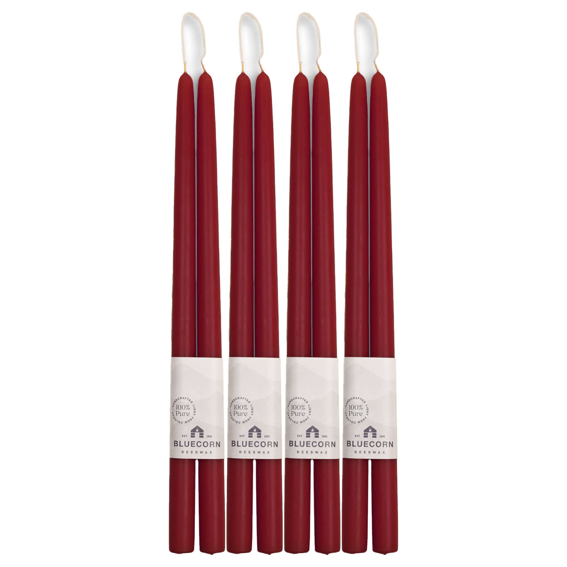 Set of 16-inch burgundy red beeswax taper candles on a white background