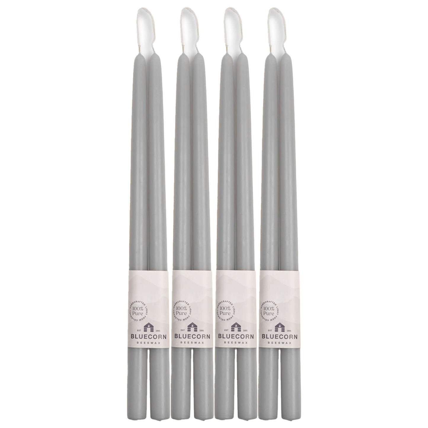Set of gray 16-inch beeswax taper candles with Bluecorn 