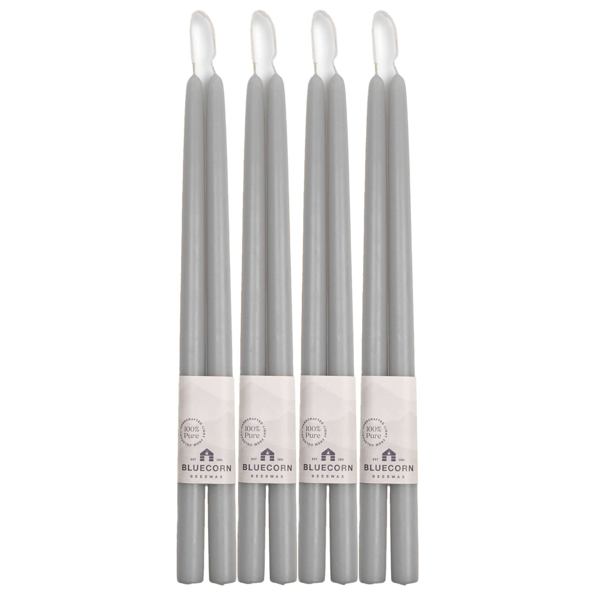 Set of gray 16-inch beeswax taper candles with Bluecorn 