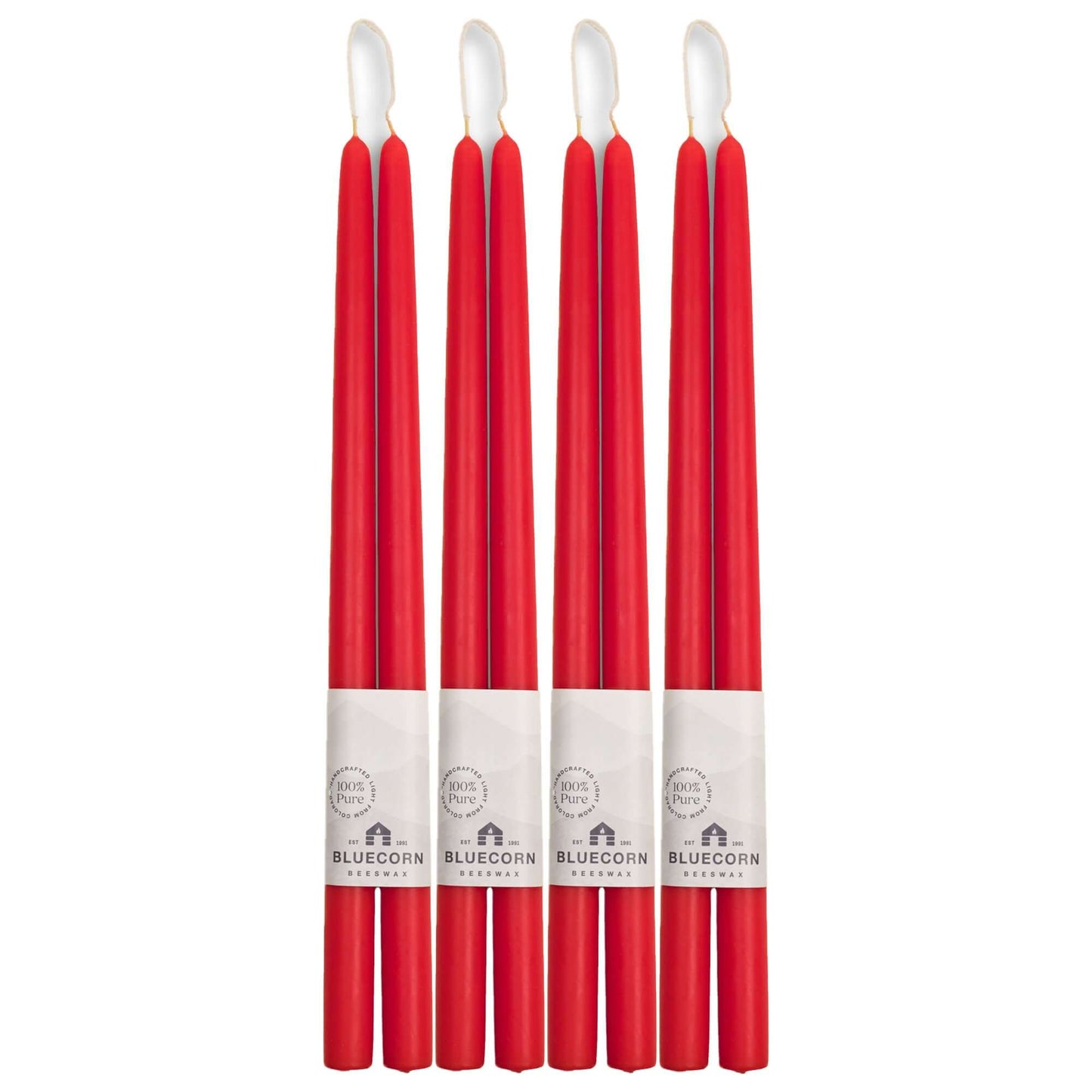 Set of red 16-inch beeswax taper candles with white labels