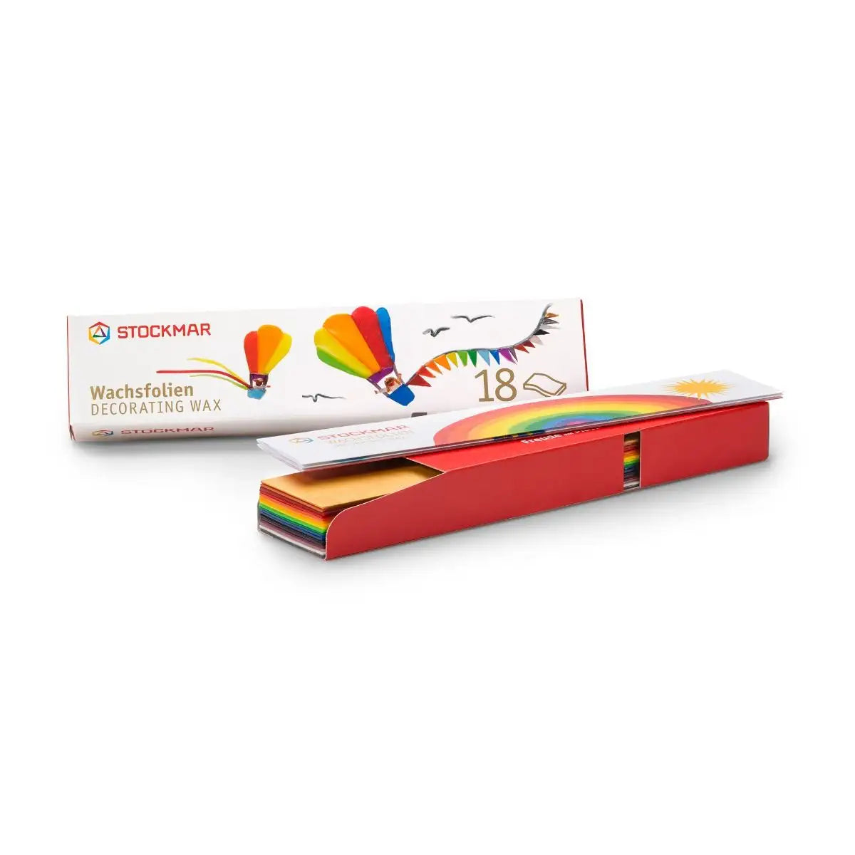 Stockmar Slide Box 18 count open on to show colorful wax sheets on white bathroom