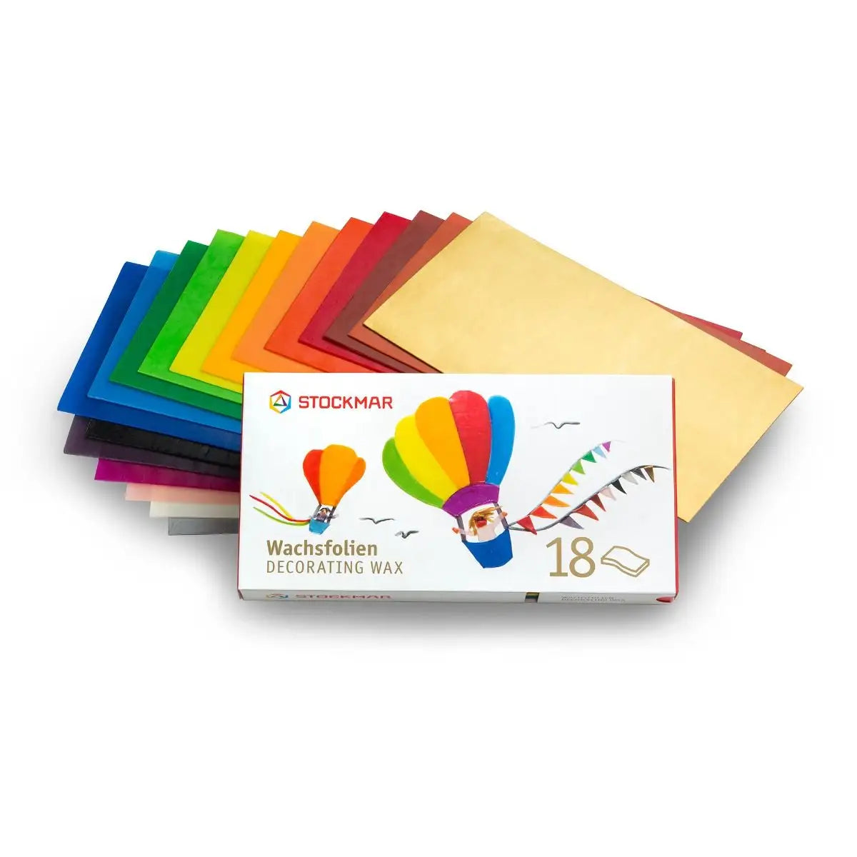 18 count decorating wax sheets fanned out behind the box with Stockmar branding