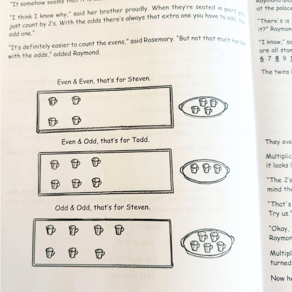 Educational illustration of even and odd numbers using cups on a worksheet.