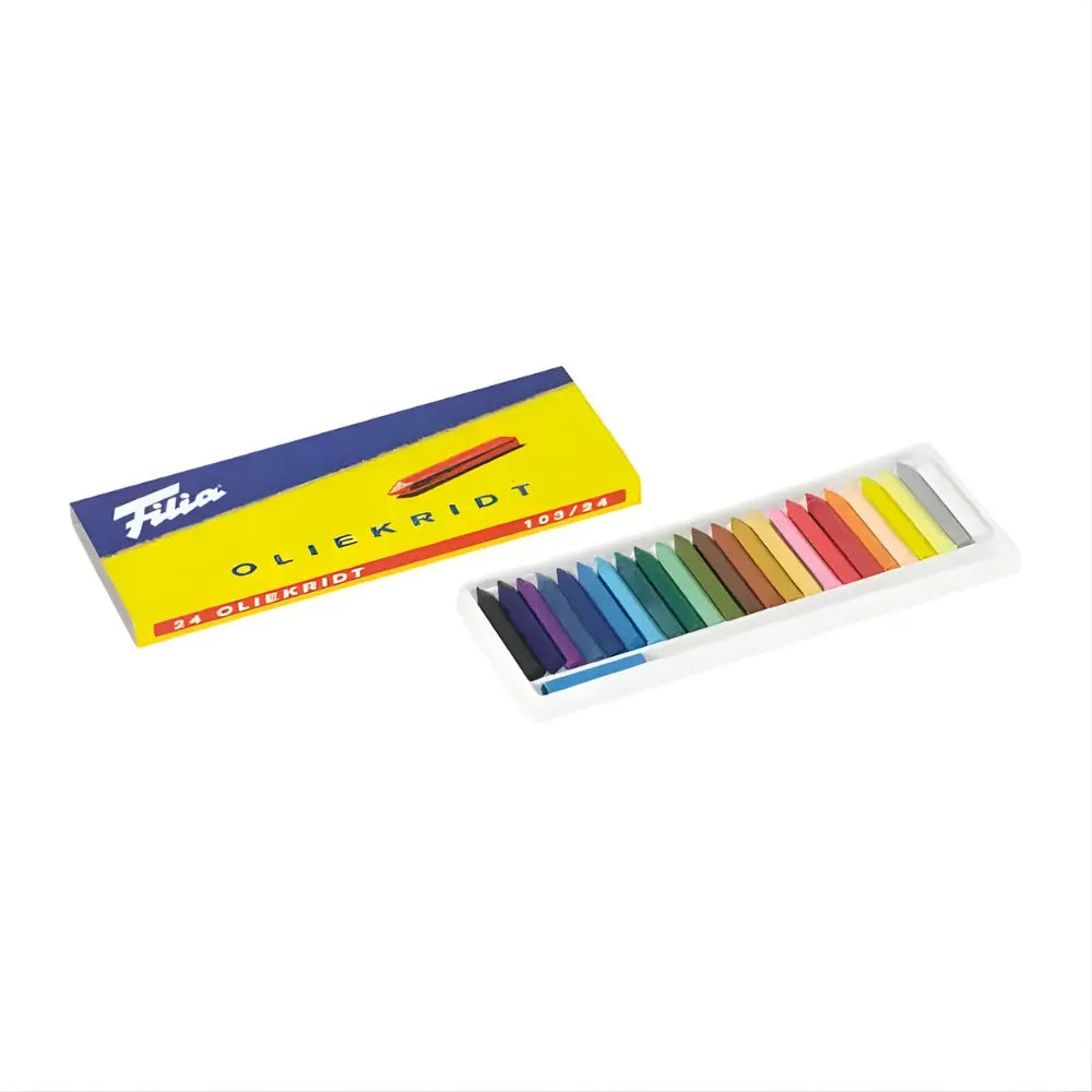 Box of Filla hard oil crayons with colorful pastels inside on a white background