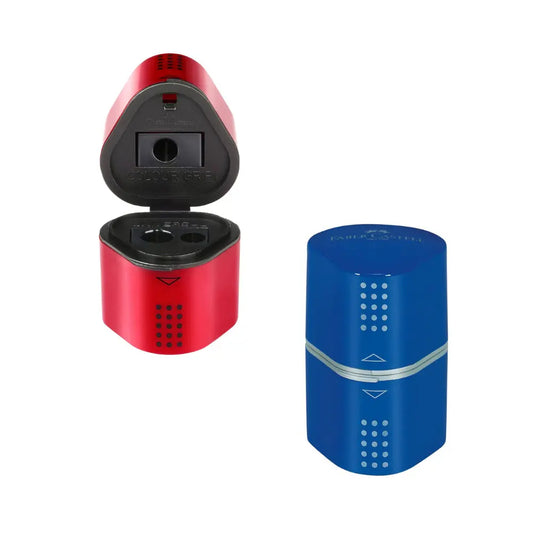 Three-hole pencil sharpener in red and blue with open and closed views for graphite and colored pencils