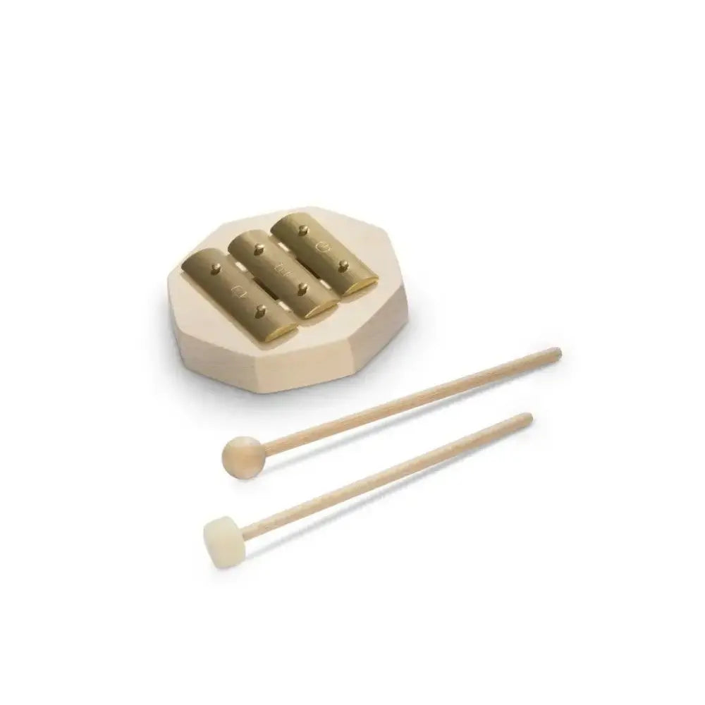 Small brass glockenspiel instrument for children with two mallets on a white background