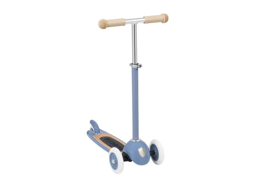 Children's scooter with a blue deck and wooden handlebar on a white background