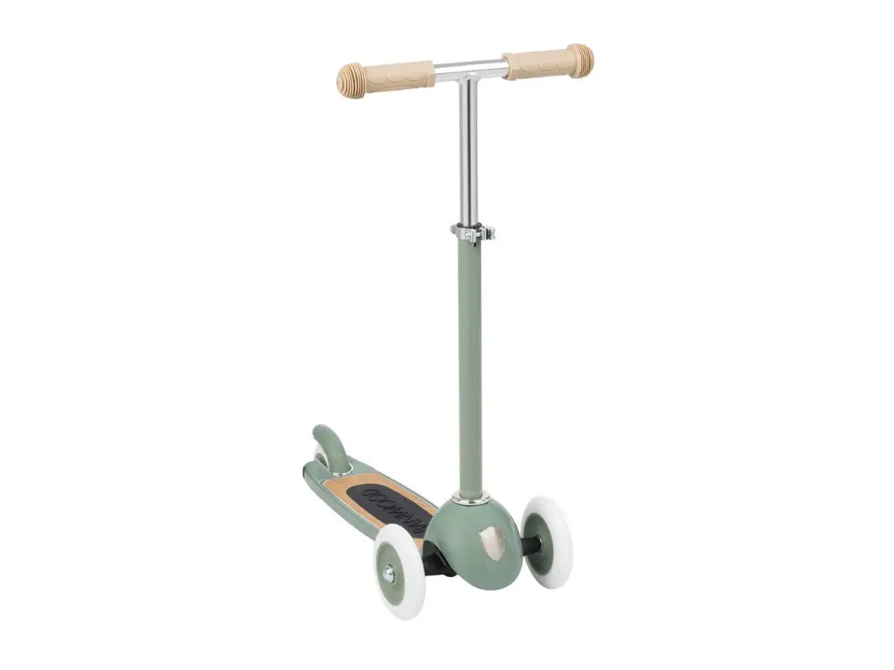 Children's scooter with a light green deck and silver frame on a white background