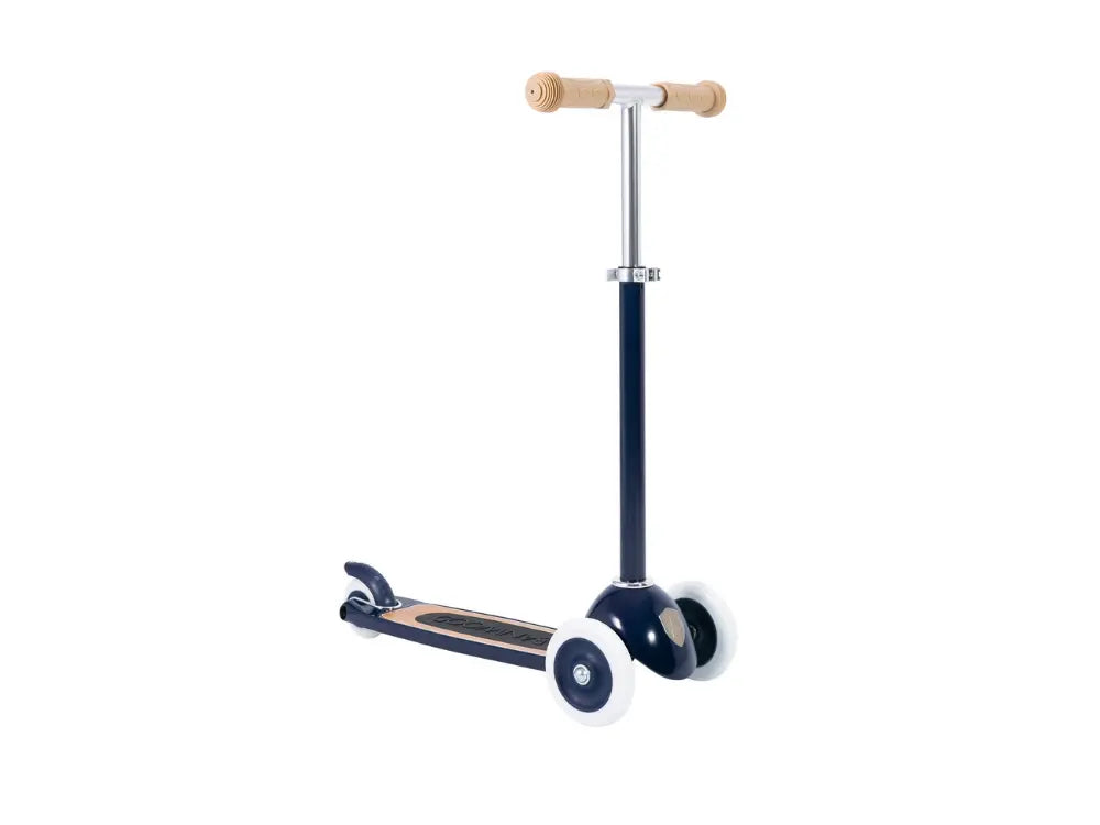 Children's scooter with a black handlebar and white wheels on a white background
