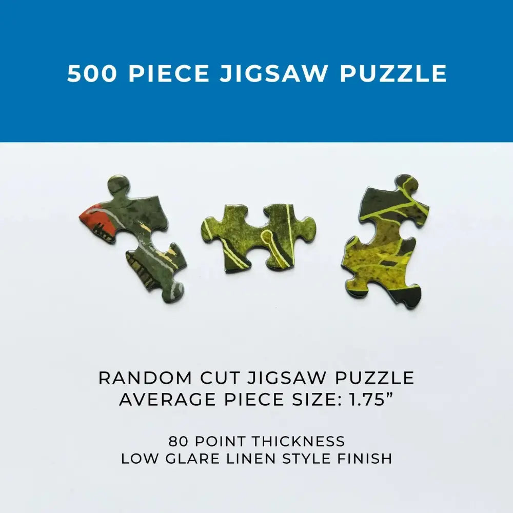 Three puzzle pieces on a white background with text about a 500-piece jigsaw puzzle.
