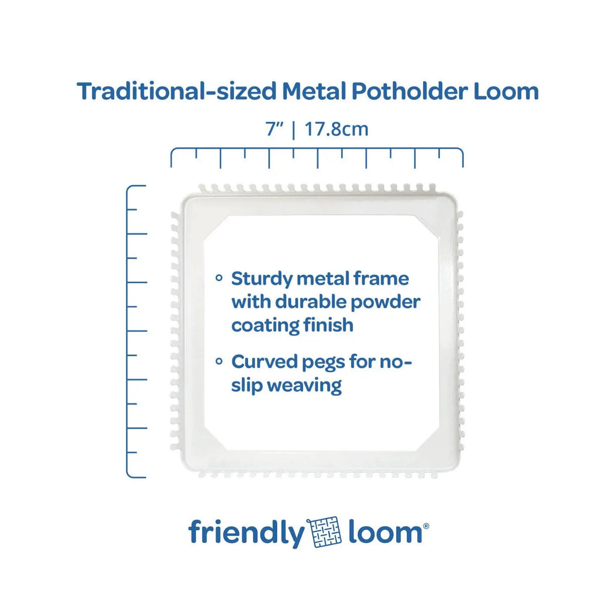 Traditional 7-inch powder-coated metal potholder loom with curved pegs for no-slip weaving
