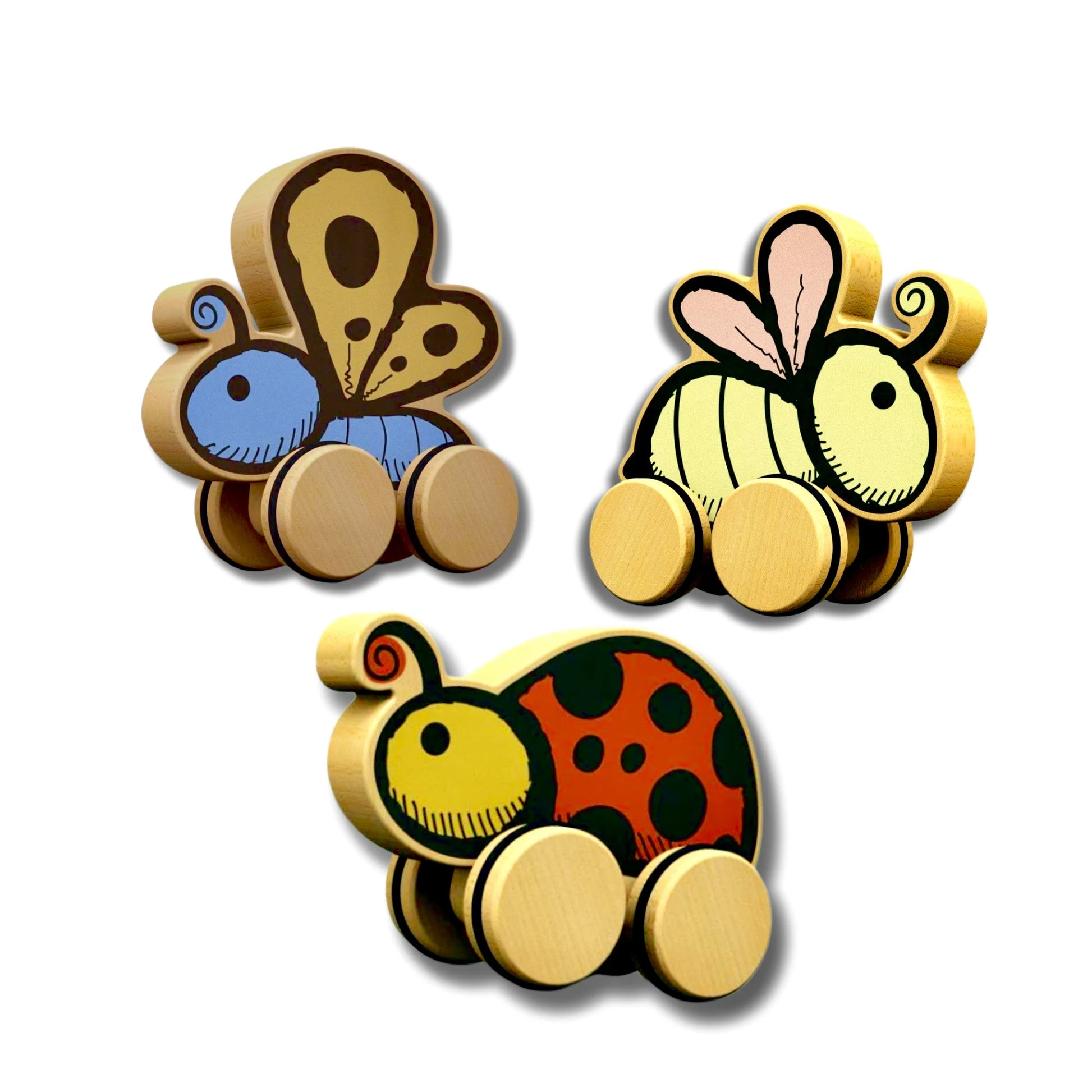 Set of three Toddler Push Toys - Butterfly, Bee, Ladybug