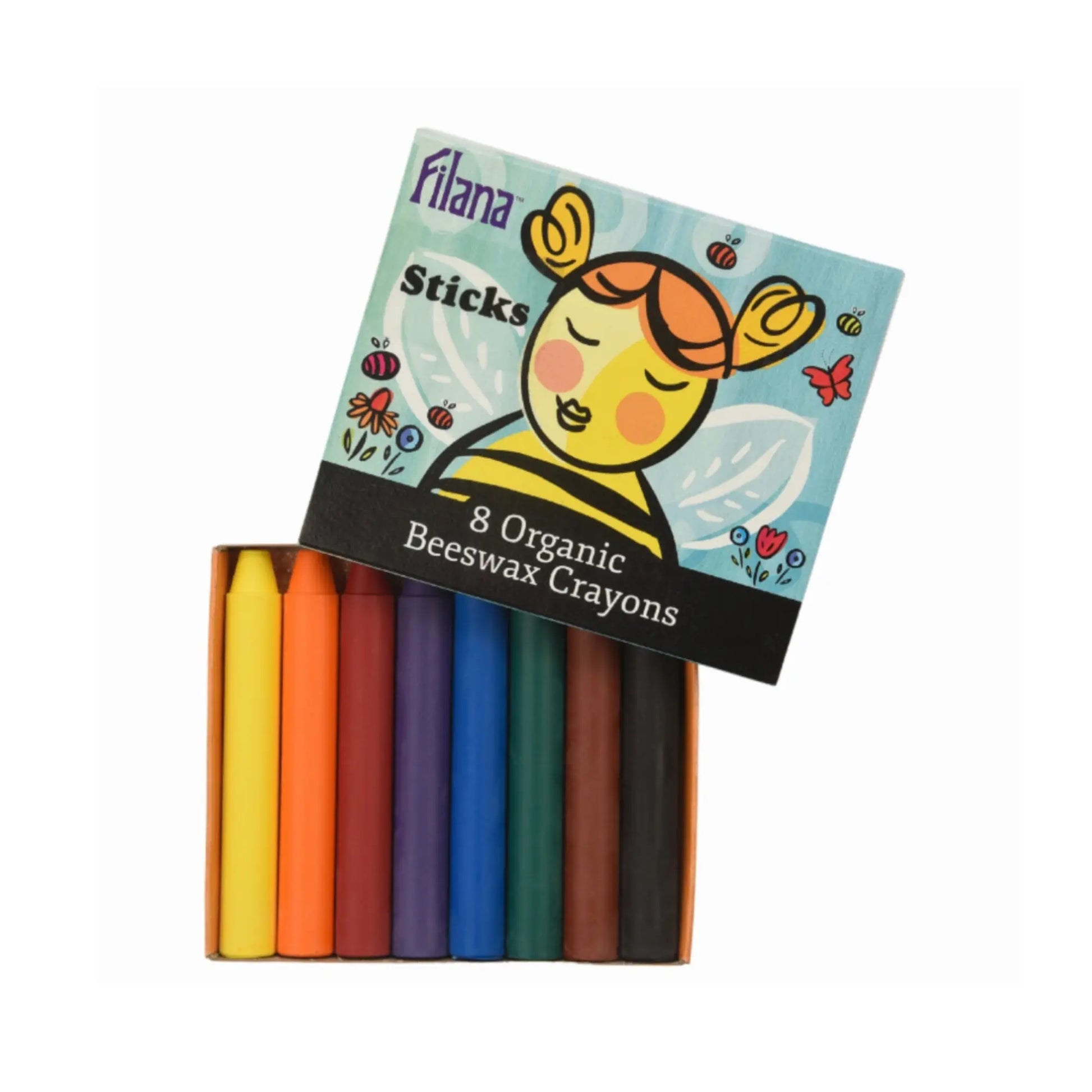Set of organic beeswax crayons with packaging featuring a bee illustration on a white background