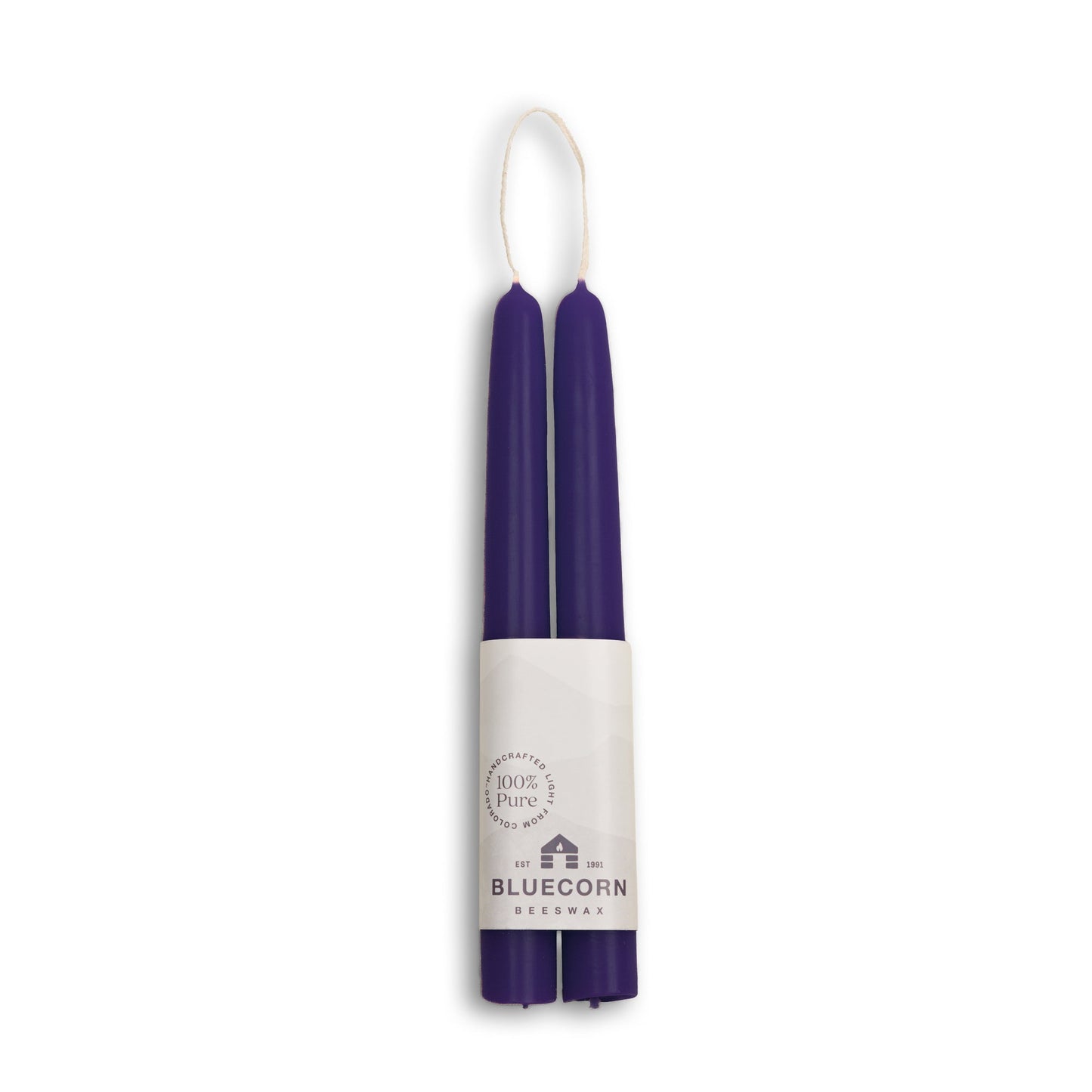 8 inch eggplant candles in a white holder with 'Bluecorn' branding on a white background