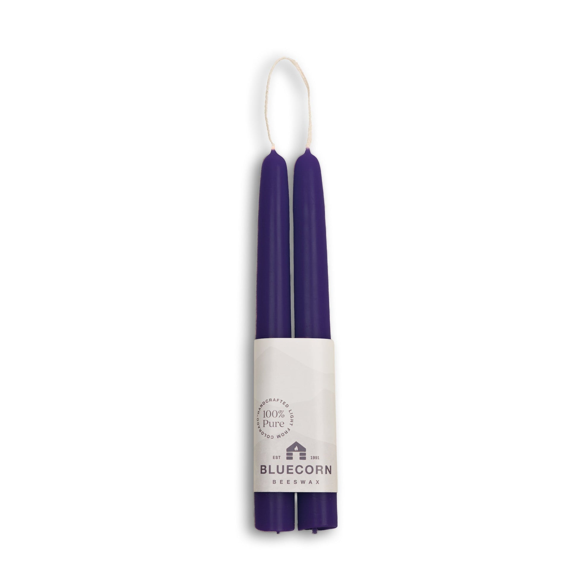 8 inch eggplant candles in a white holder with 'Bluecorn' branding on a white background