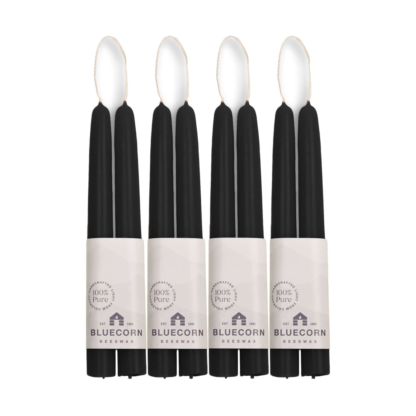 Bulk set of five black 8-inch beeswax candles with white labels 