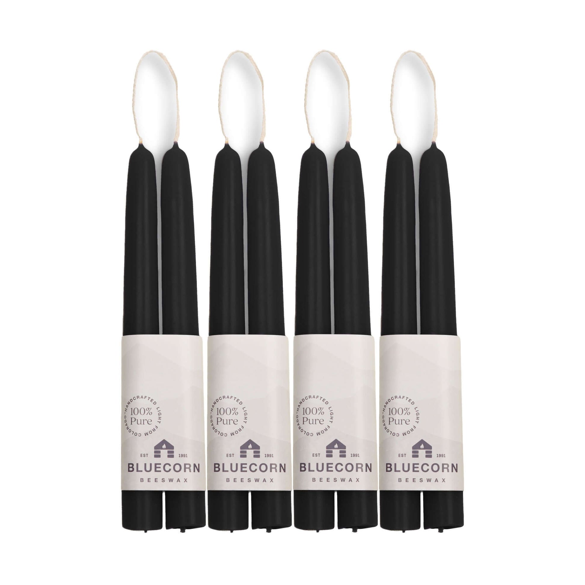 Bulk set of five black 8-inch beeswax candles with white labels 