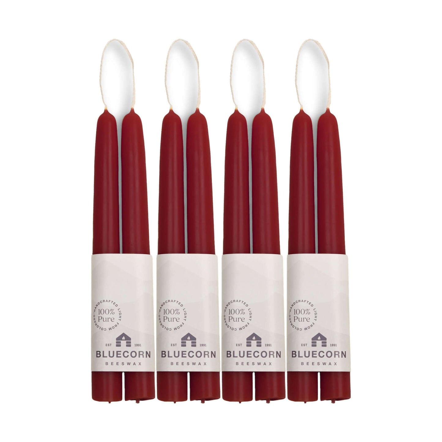 burgundy red 8-inch beeswax candles with white labels on a white background