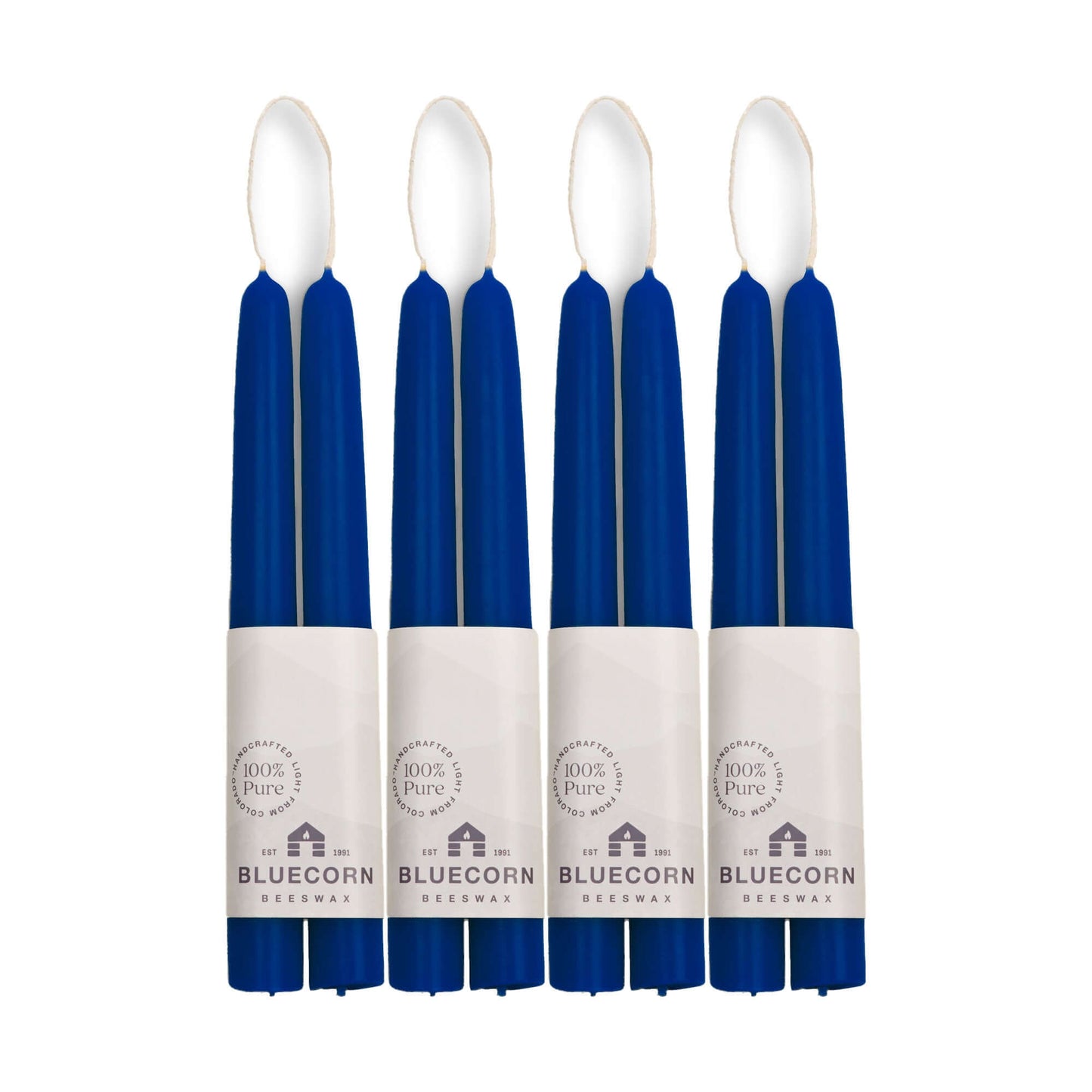 Set of blue 8-inch taper candles with Bluecorn branding 