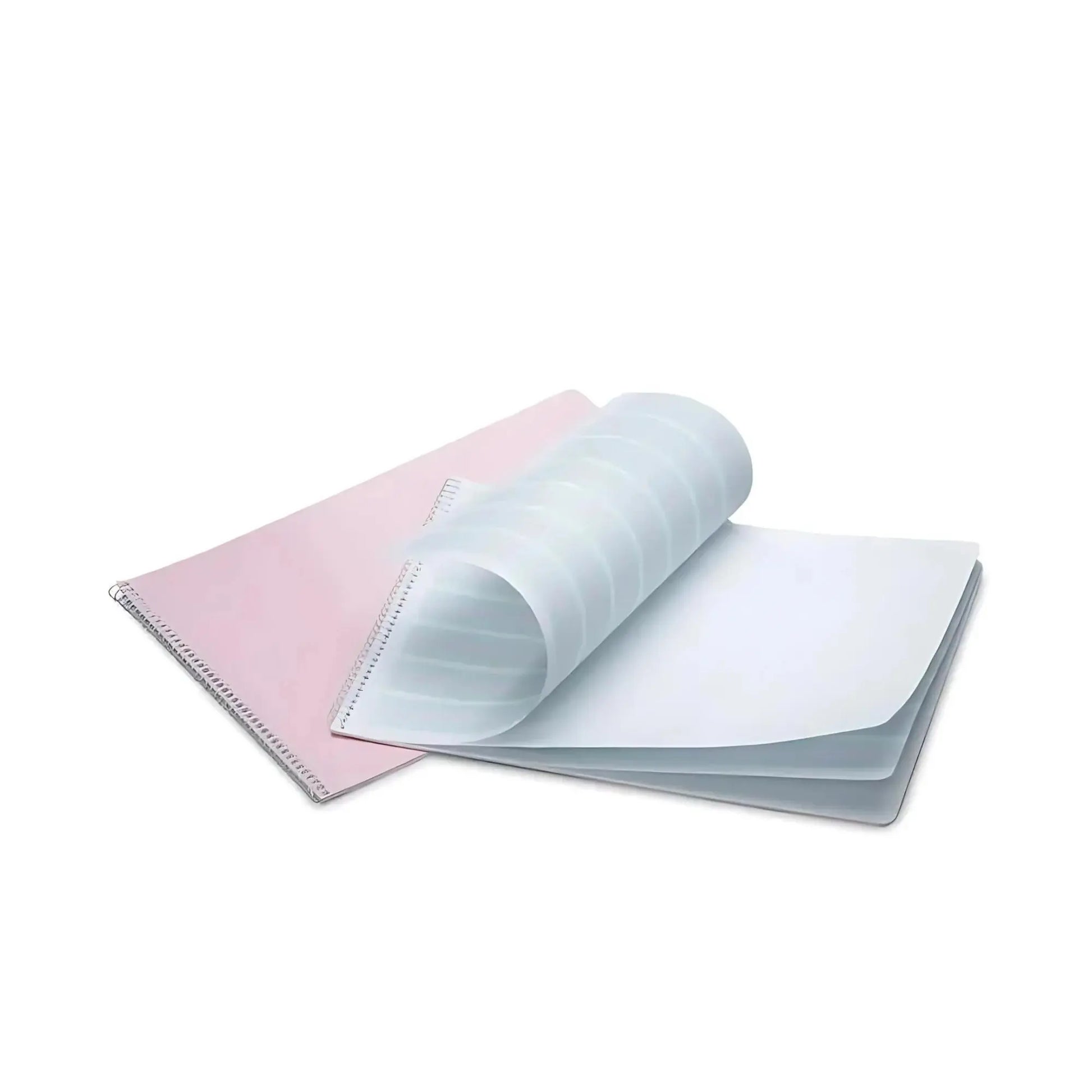 Pink cover handwriting book showing pastel handwriting bars alternating with white pages