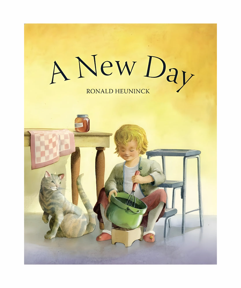 Book cover of 'A New Day' by Ronald Heuninck with a child and cat on a yellow background
