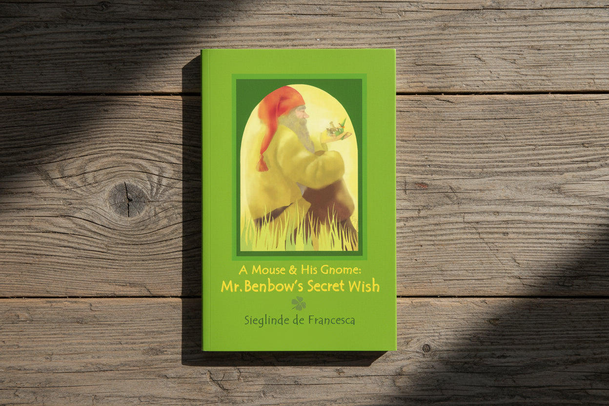 Book cover of 'A Mouse & His Gnome: Mr. Benbow's Secret Wish' with a gnome character on a green background