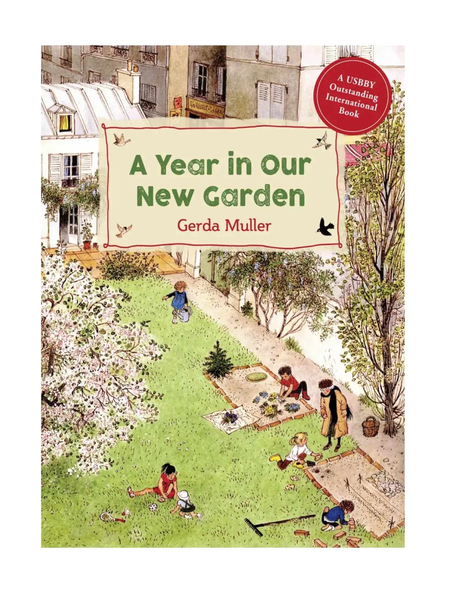Book cover of 'A Year in Our New Garden' with illustrations of a garden and people.