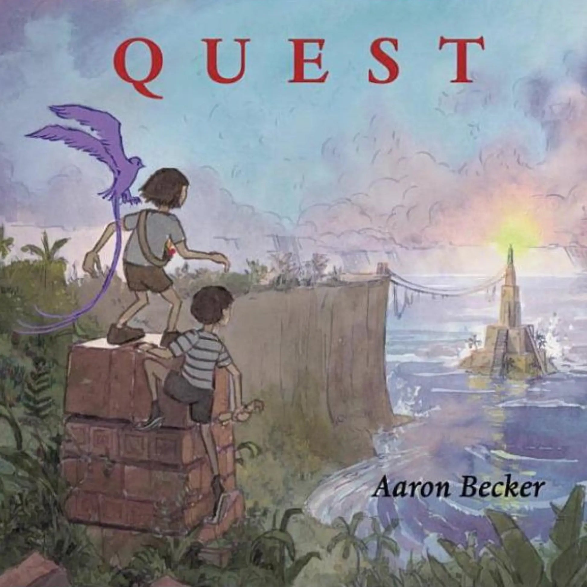 Book cover of 'Quest' by Aaron Becker featuring two characters and a dragon overlooking a landscape.