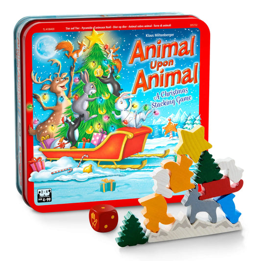 Board game packaging for 'Animal Upon Animal' with Christmas-themed illustration and game pieces.