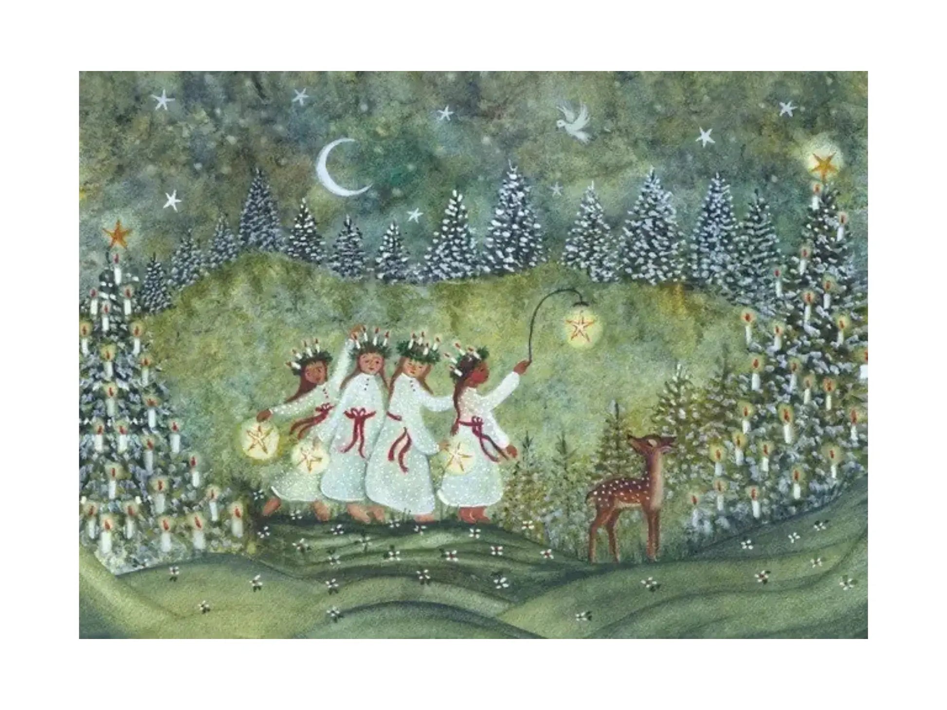 Folk art illustration of girls dressed as Saint Lucia in a forest with a deer and stars.
