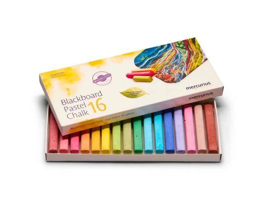 Box of mercerius blackboard pastel chalks on a white background