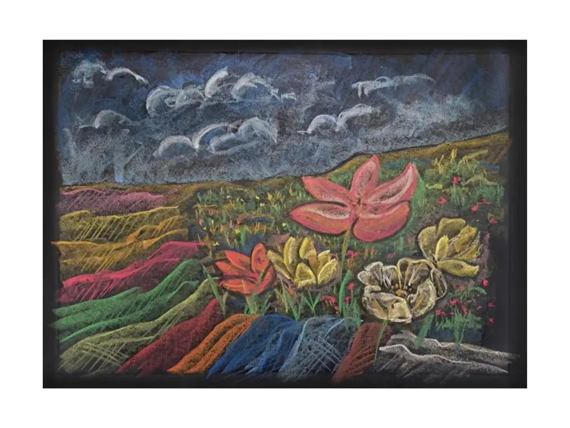 Colorful floral landscape with a dark sky, created using a textured surface.
