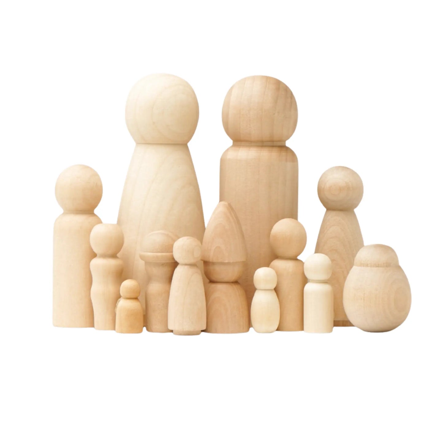 Set of wooden figurines on a white background