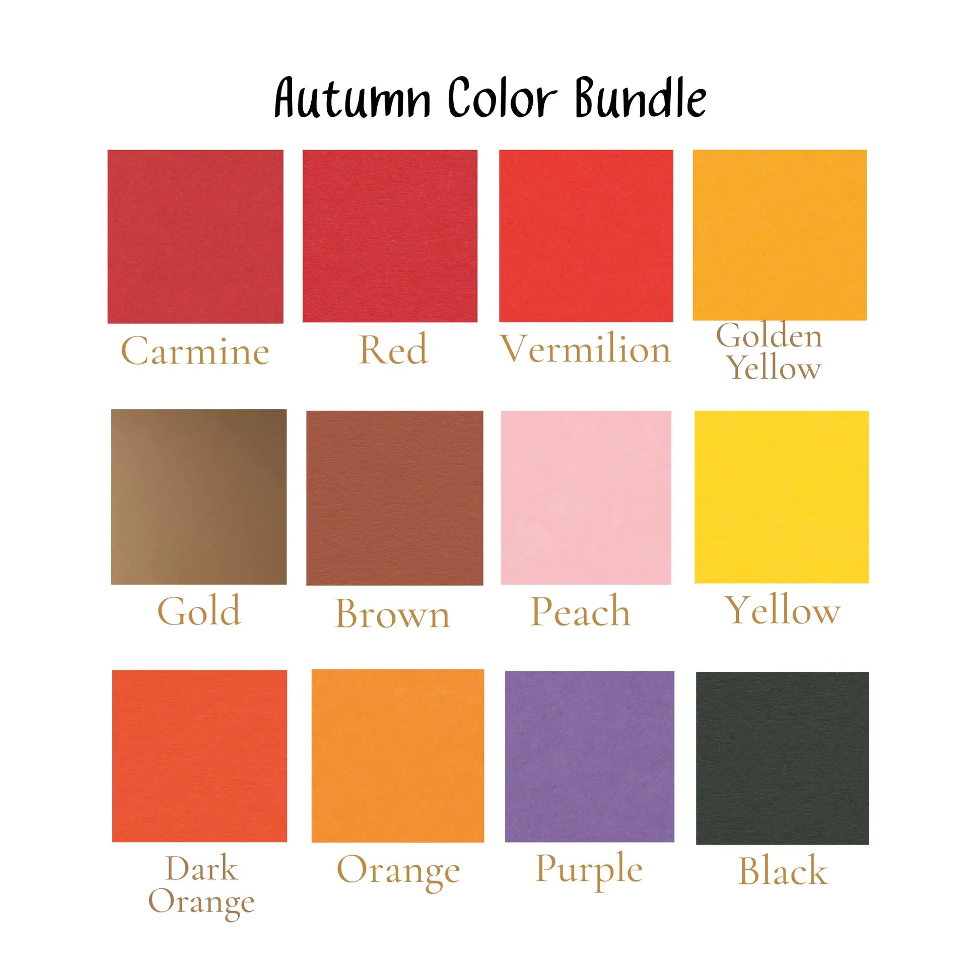 Autumn color bundle with swatches of various fall-themed colors on a white background.