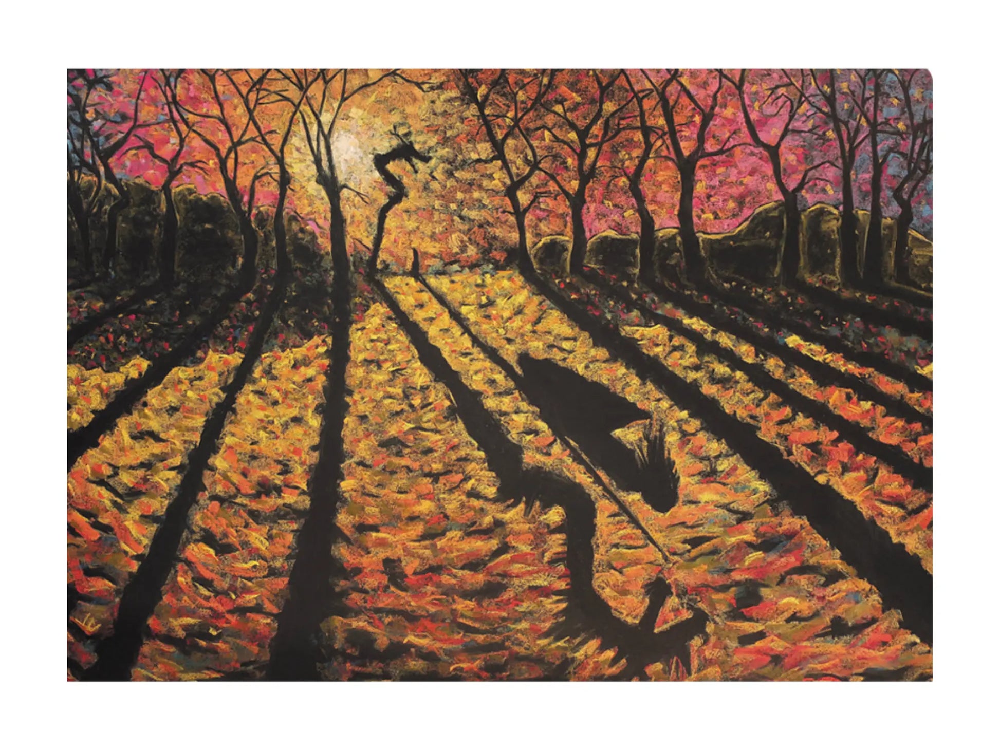 MIchaelmas postcard with trees and shadows of trees, a dragon, and a person with a shield