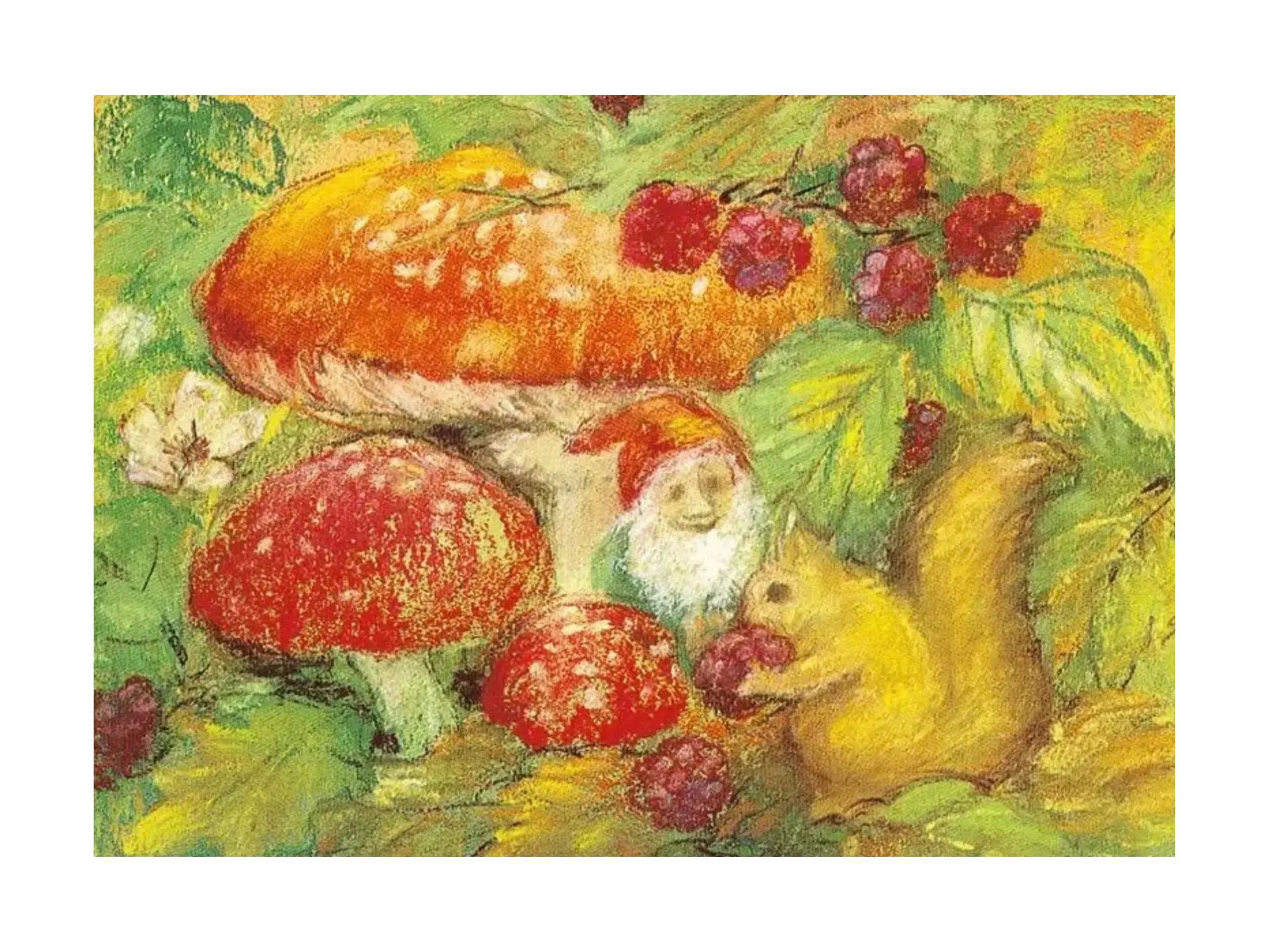 Illustration of a gnome and squirrel with mushrooms and berries