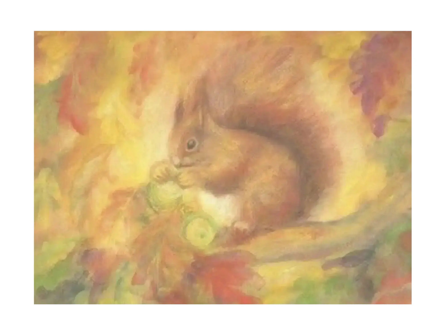 Postcard of a squirrel on a branch with autumn leaves