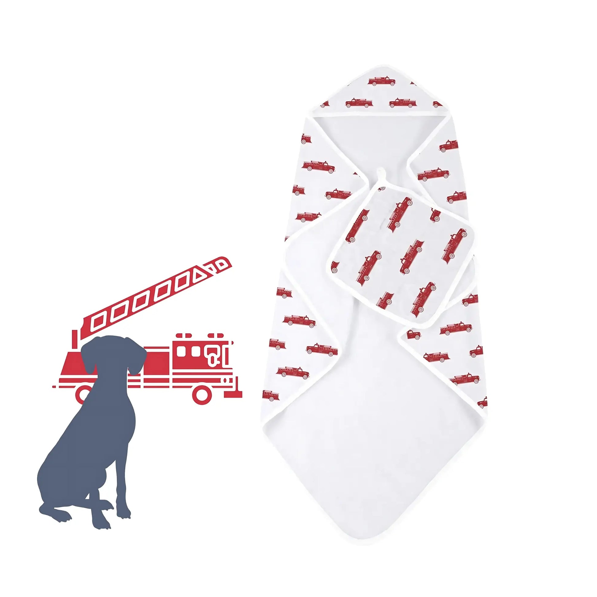 White baby hooded towel and washcloth set laid out with red fire truck pattern and a silhouette of a dog 