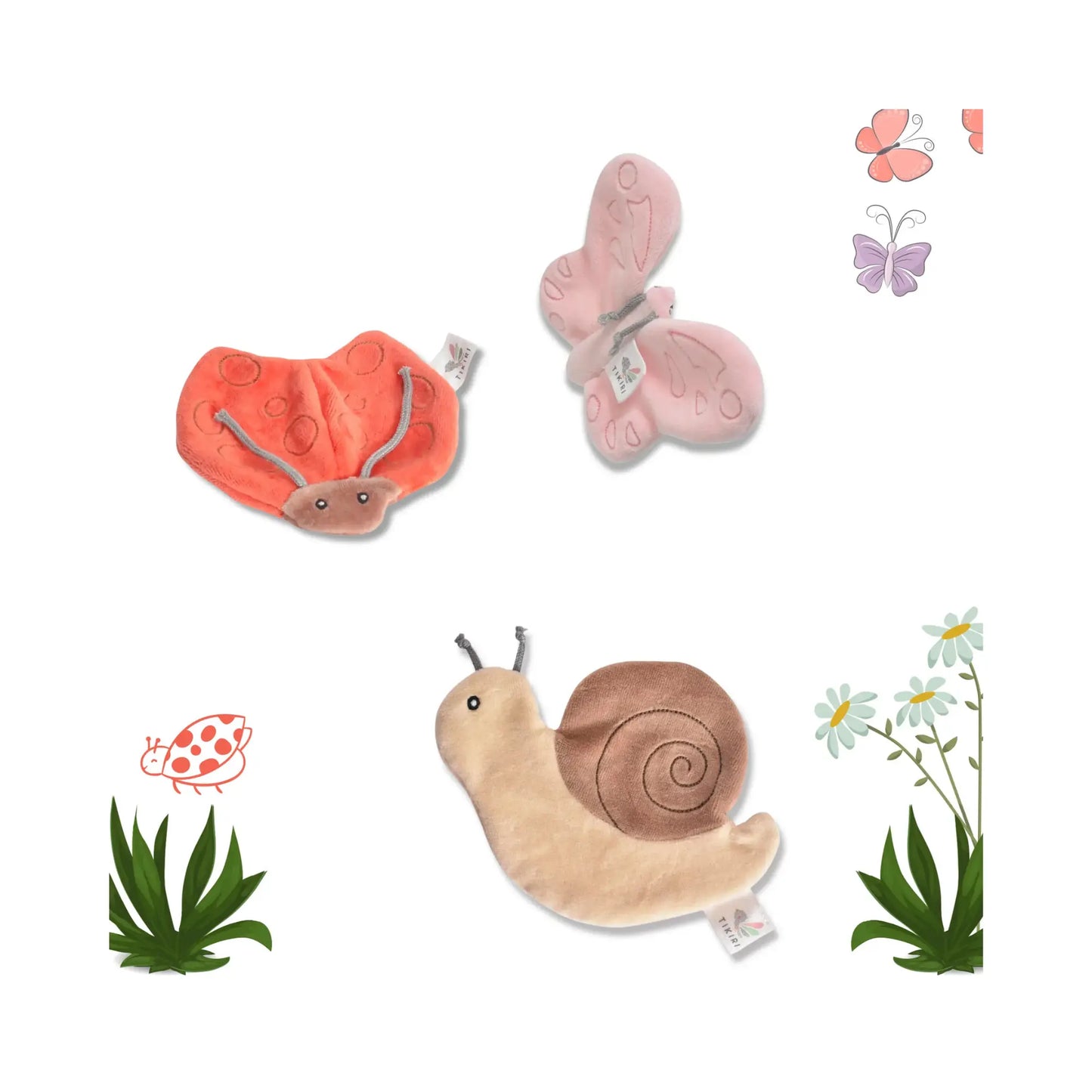 Three soft baby sensory toy animals (ladybug, butterfly, snail) 