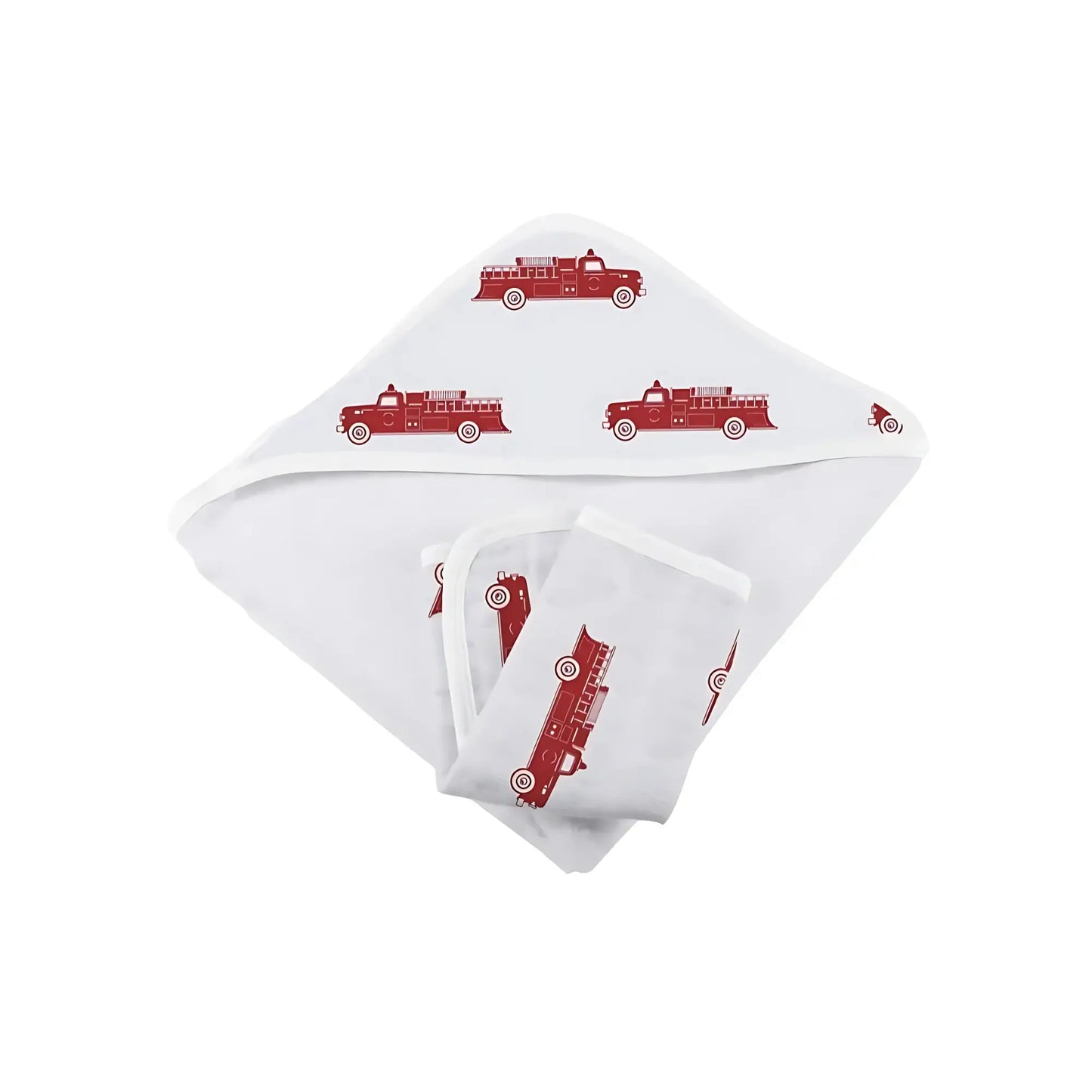 White baby bathing towel and washcloth set with red fire truck design on a white background