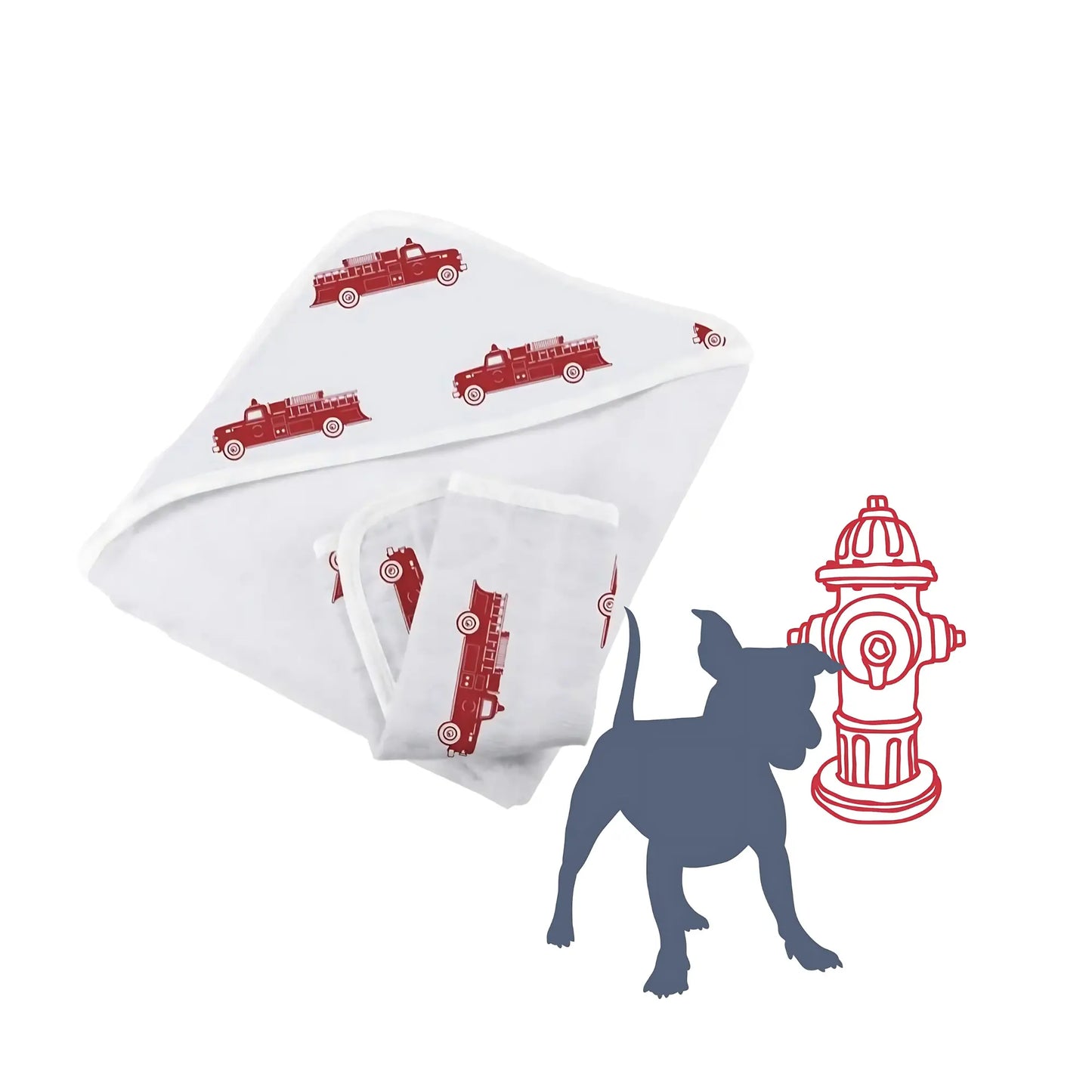 White hooded towel with red fire truck pattern, blue dog silhouette, and red fire hydrant on a white background