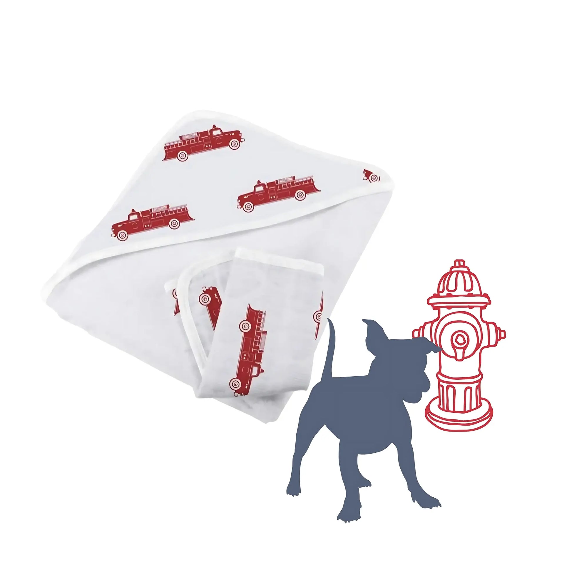 White hooded towel with red fire truck pattern, blue dog silhouette, and red fire hydrant on a white background