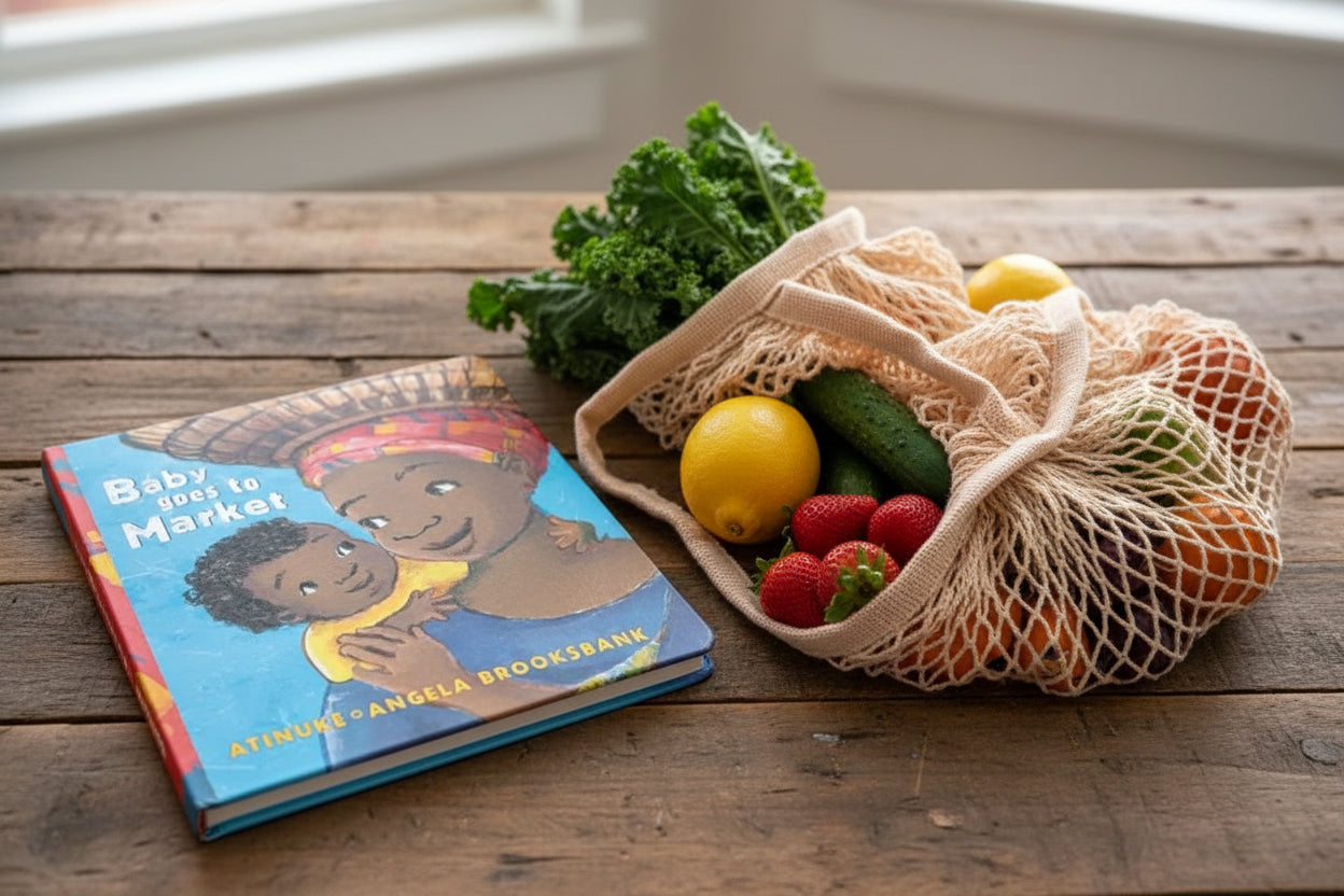 Book cover of 'Baby Goes to Market' with illustrations of a child and an adult next to a bag of produce