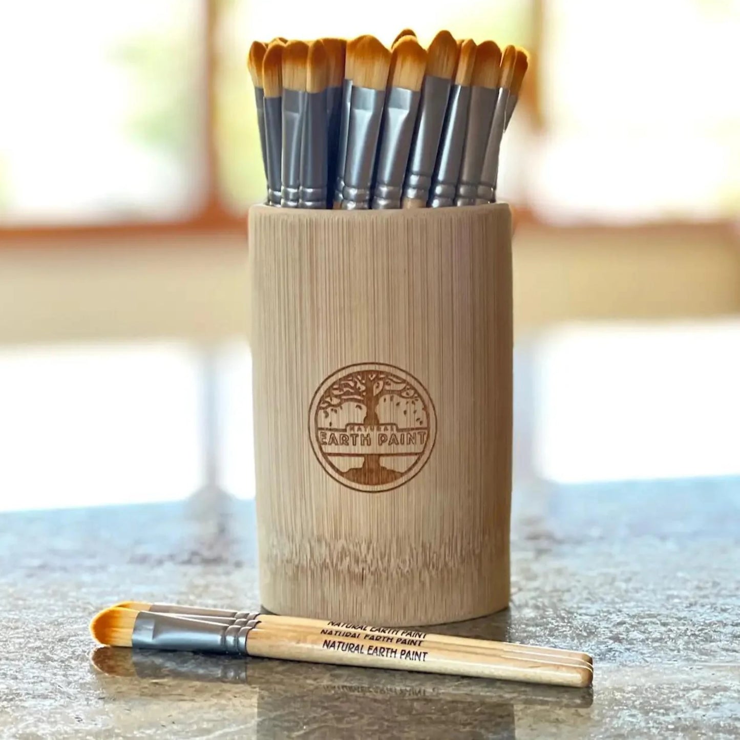 Set of paint brushes in a wooden holder with Earth Paint branding on a blurred background