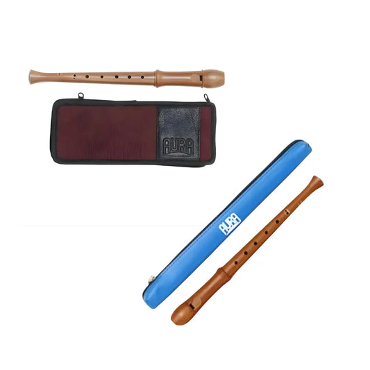 Two Aura wooden recorders with Baroque fingering and a blue case and a maroon and black case