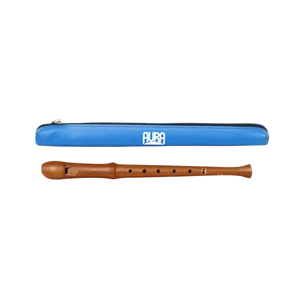 an Aura wooden recorder with Baroque fingering and a blue case on white background