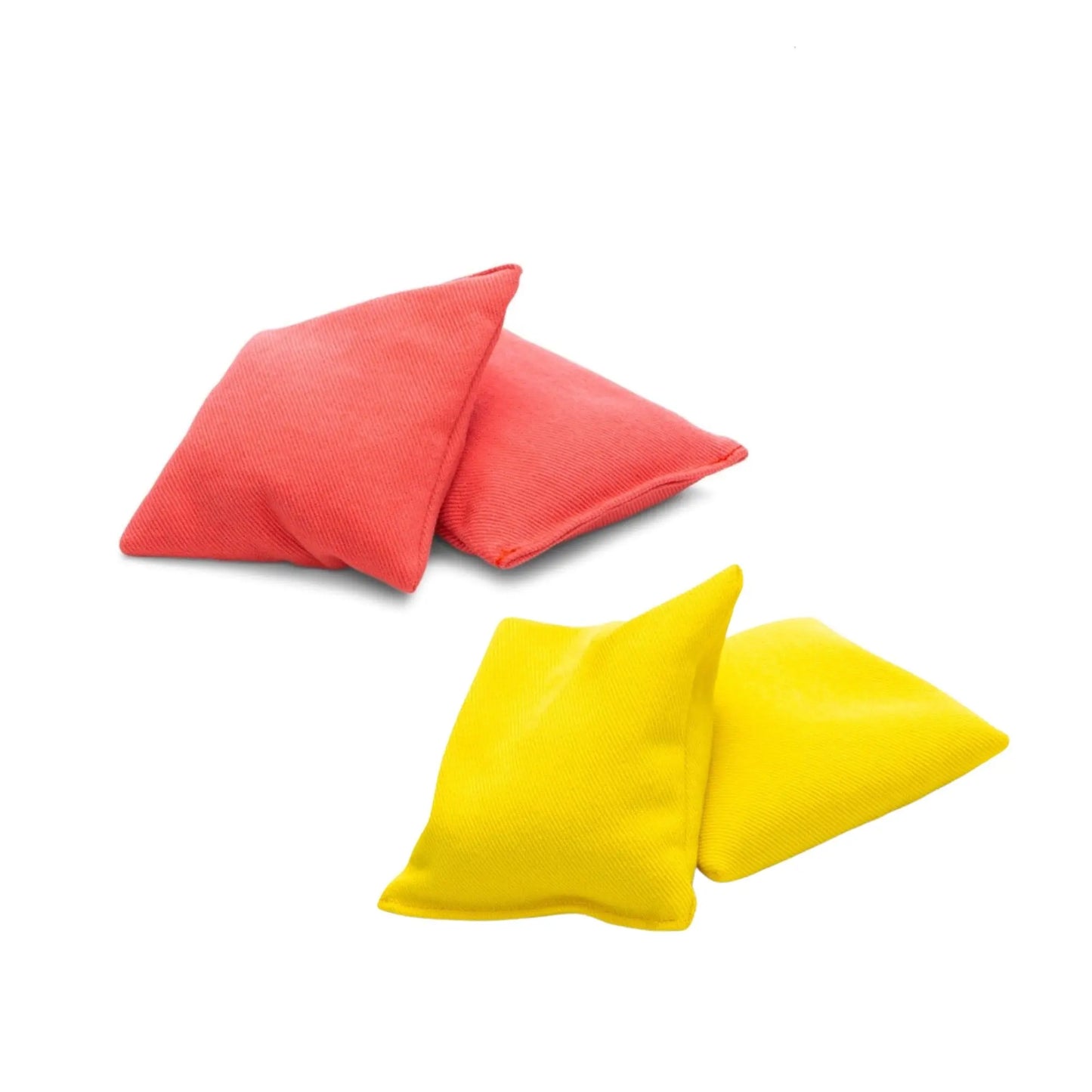 Two red organic bean bags and two yellow organic bean bags on a white background